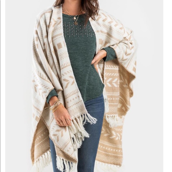 Beige Chevron Fringe Poncho - Picture 2 of 3